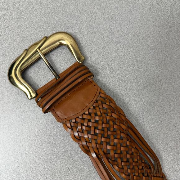 Neiman Marcus Woven Leather Belt Womens Large Brown Goldtone Buckle Wide Boho - Picture 2 of 6